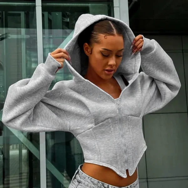 G24TP143 Women's Autumn/Winter Casual Long Sleeve Hooded Cardigan Cropped Jacket Top European and American Cross-border Style - Image 4