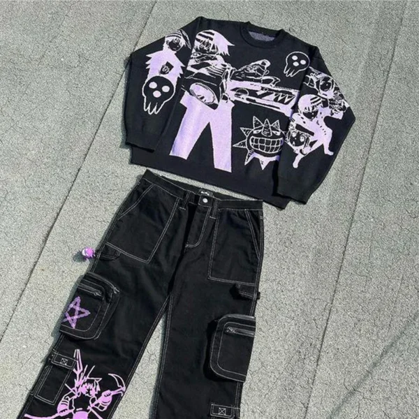 Harajuku new sweaters Y2K retro 90s goth fitted round neck tops knitwear high quality Embroidery anime pattern oversized sweater - Image 3