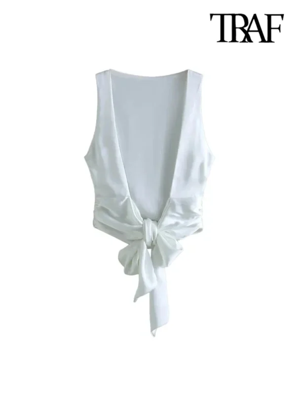 TRAF Women Sexy Fashion With Tied Satin Back Open Crop Blouses O Neck Sleeveless Female Shirts Blusas Chic Tops - Image 5
