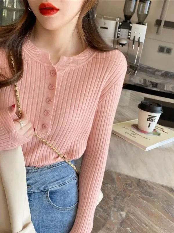 Knitted Women Sweater O-neck Button Pullovers Spring Autumn Basic Sweaters for Female Pullover Slim Solid Bold Stripes Tops - Image 4