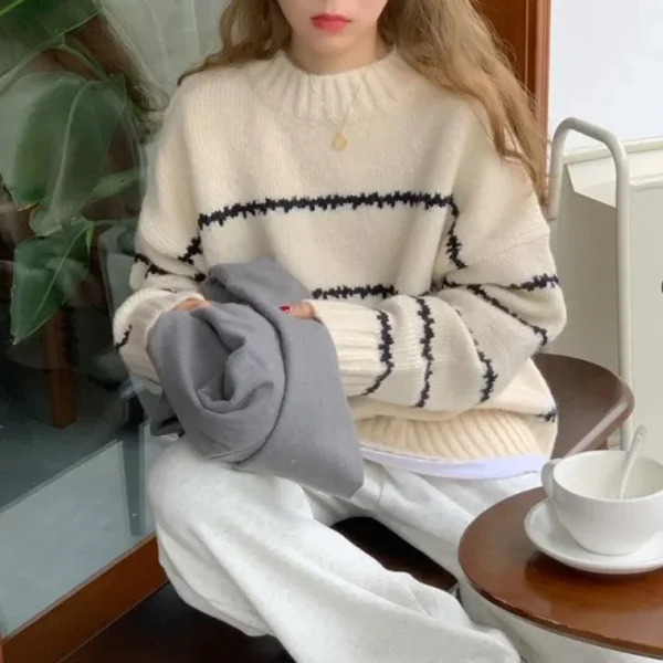 Vintage Japanese Style Loose Fit Sweater Women's Thickened Autumn/Winter New Long Sleeve Striped Half Polo/Turtle Neck Knitted T - Image 4