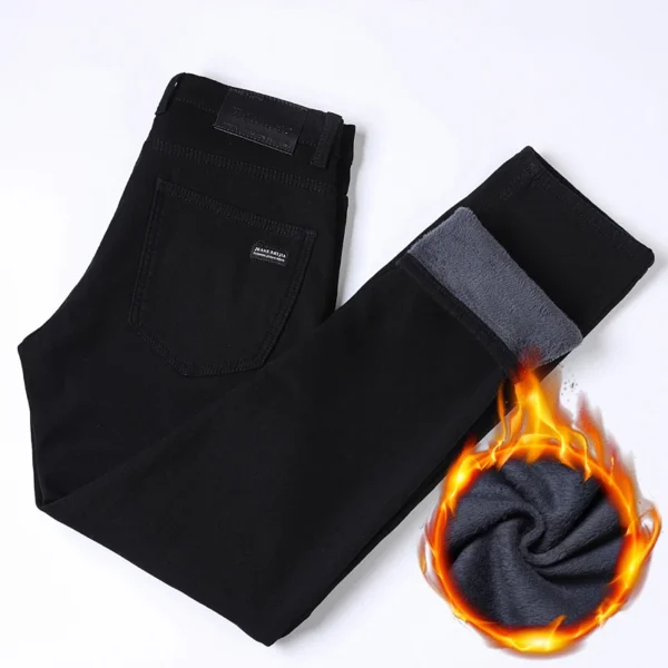 2024 New Winter Pure Black Fleece Thick Warm Jeans Men's loose Straight Elastic Denim Pants classics Casual Plush Trousers - Image 2
