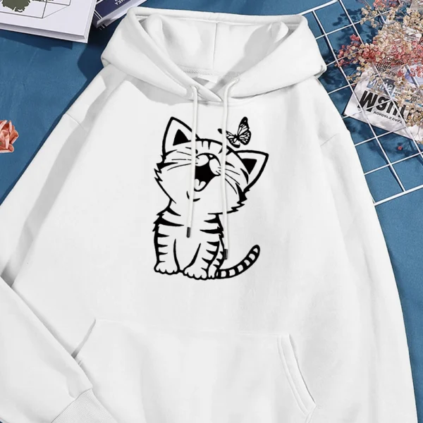 Cartoon Cat and Butterfly Print Hoodie Man Autumn Warm Fleece Hoodies Comfortable Pullover Simple Loose Hoody Street Clothing - Image 4