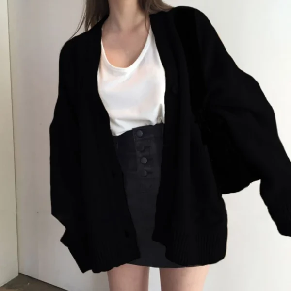 2023 Autumn Women's Sweater Fashion V-neck Vintage Knitted Cardigan Korean Loose Solid Sweaters Female - Image 2