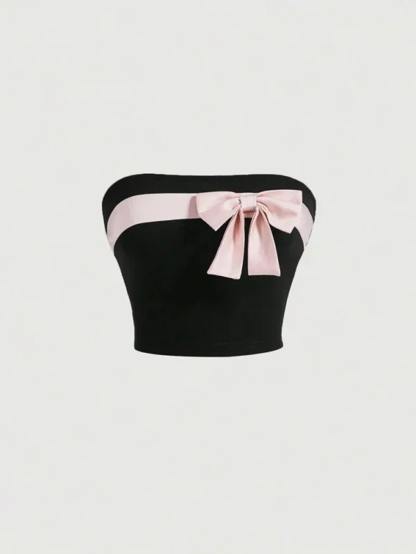 Contrast Color Bow-knot Tube Top Women Summer 2024 Sexy Party Club Strapless Sleeveless Backless Crop Top Y2K Clothes