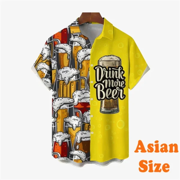 Beer BBQ Shirt For Men Casual Patchwork Graphic Lapel Short Sleeve Shirts Summer Breathable Summer Outdoor Walk Button Blouse