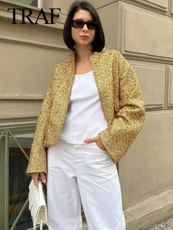 TRAF Women Fashion Shiny Sequin Jacket Y2k Gold Color Stand Collar Long Sleeve Short Coat Autumn Winter Ladies High Streetwear - Image 2