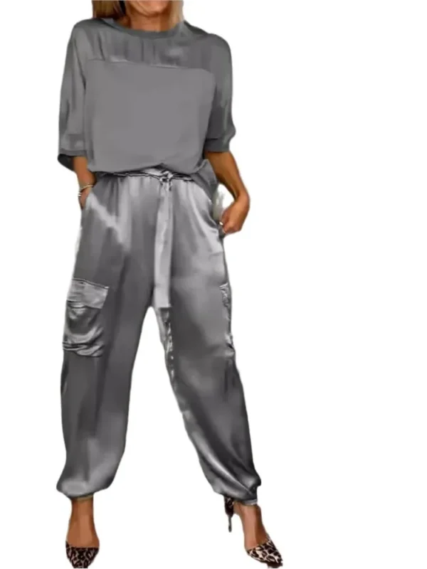 For Women Spring Summer Fashion Solid Color Satin Two Piece Set New O Neck Long Sleeve Top Long Pants Casual Loose Two Piece Set - Image 5