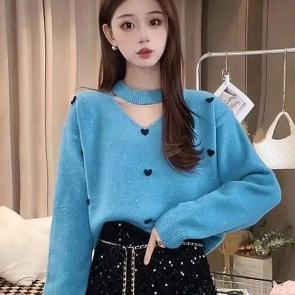 French Gentle Style New Retro Love Chic Temperament V-neck Pullover Long Sleeved Knitted Sweater - Image 4