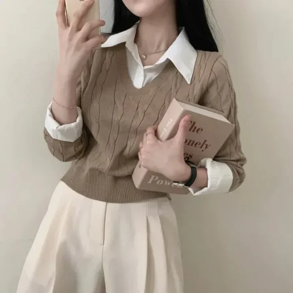 Korean Chic Spring and Autumn Age-Reducing Sweaters Retro Temperament Preppy Fake Two Pieces Shirts Twist Knit Women's Y2k Tops - Image 5