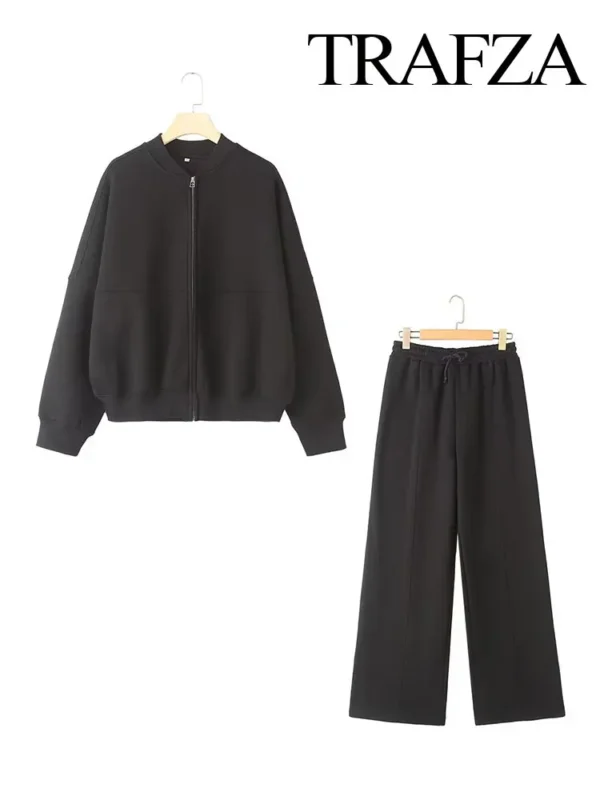 TRAFZA Women's 2-piece Retro Solid Color Zipper Bomber Jacket Sweatshirt + High-waisted Lace-up Women's Loose Velvet Pants Suit - Image 6