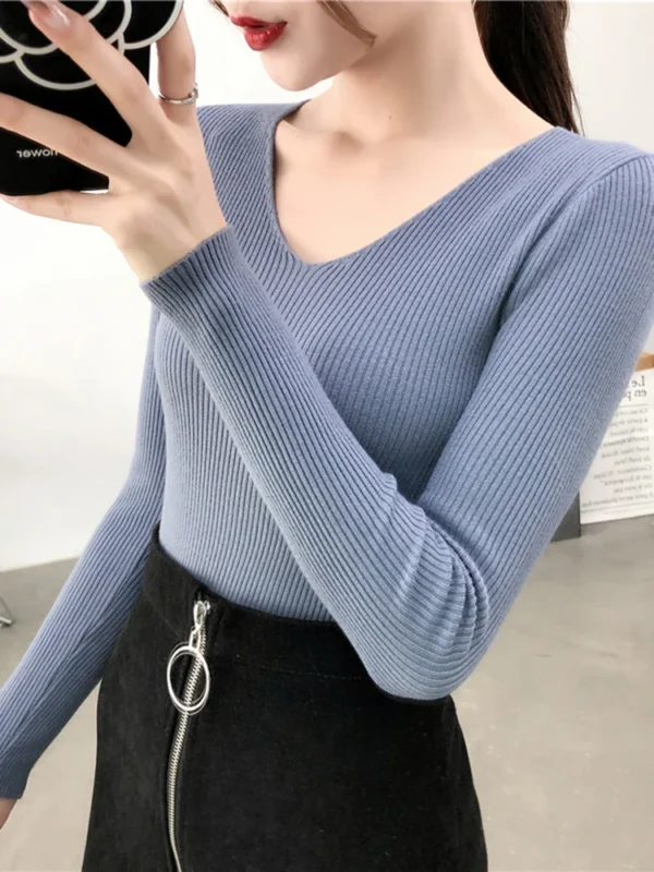 Spring Autumn V Neck Women Sweater Casual Long Sleeve Slim-fit Tops Knitted Pullover Sweaters Femme Basic Solid Pull Clothes - Image 6
