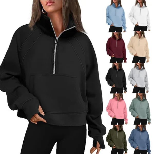 2023 Autumn/Winter European and American Cross Border Women's Wear New Half Zipper Short Stand Up Collar Plush Solid Color Sweat
