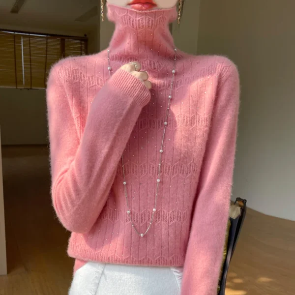Fall/Winter 2024 New Full Diamond Hollow Knitted Sweater Women's Stacked Collar Top Loose Fashion High End Cashmere Sweater DMR