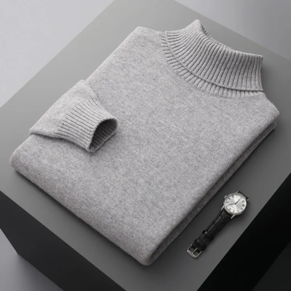 Autumn and winter 100% pure wool men's high collar thick solid color loose cashmere knit bottoming shirt - Image 3
