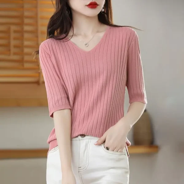 2023 New Spring Summer New Women's V-neck Short-Sleeved Exquisite Cashmere Knitted Sweater Pullover Solid Color - Image 4