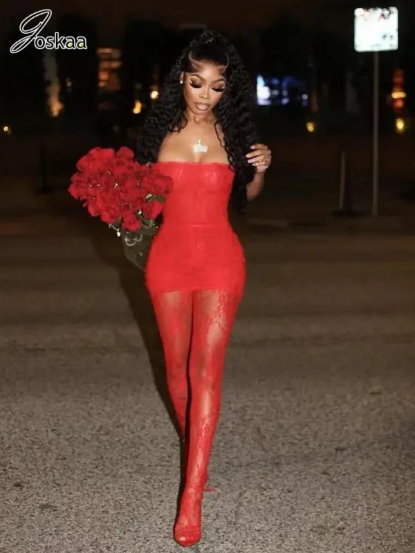 Joskaa Holiday Set Outfit For Women Black Red Lace Baddie 2 Piece Sets Outfits 2024 New Beach Sexy Leggings Club Party Outfit - Image 5