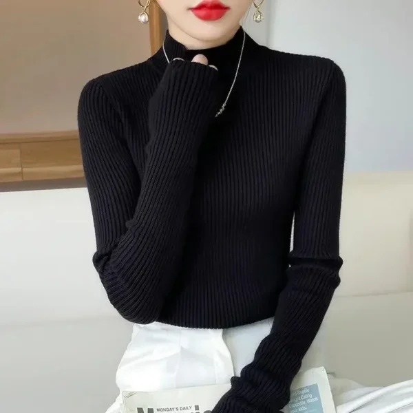 2025 New Spring and Autumn Women's Knitted Sweater, Slim Fit Half High Neck Pullover Sweater, Slim Fit Warm Bottom Sweater - Image 5