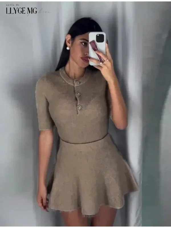 Women's Two Pieces Set Knitwear Summer Short Sleeve Knitted Pullovers A-line Mini Skirt Sets Woman O-neck Buttons Suits Solid - Image 6