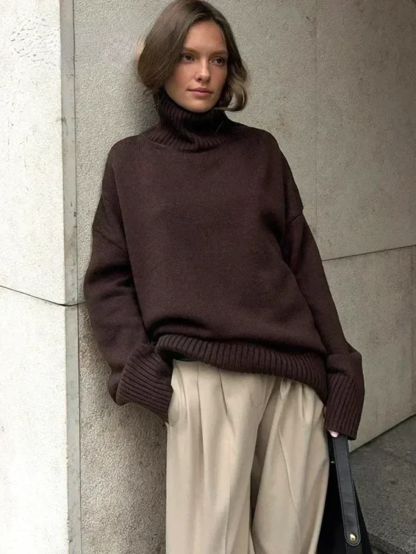 2024 New Autumn Winter Women Knitted Red Sweater High Street Vintage Oversized Loose High Collar Pullover Warm Jumper Sweaters - Image 3