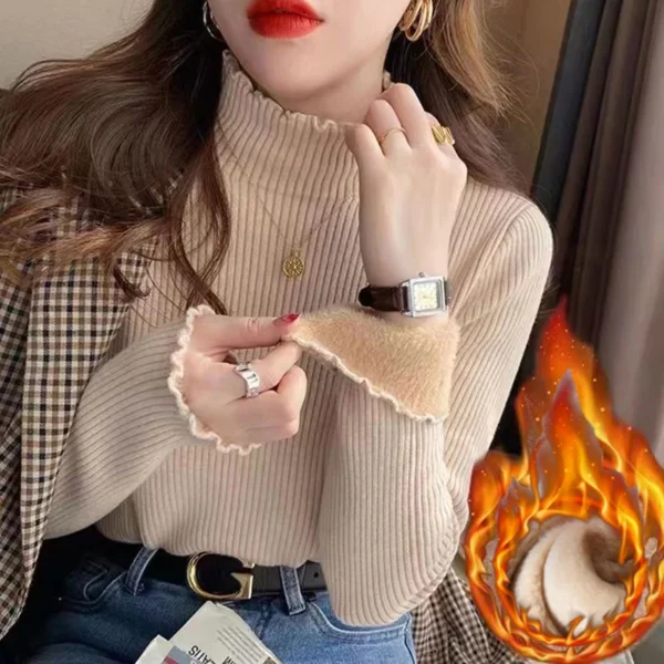 Winter Turtleneck Sweater Knitwear Women Elegant Thicken Velvet Lined Warm Sweaters Knitted Pullover Slim Tops Jersey Jumper New
