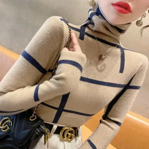 Women's Clothing Chic Turtleneck Long Sleeve Knit Pullovers Autumn Winter Fashion Elegant Patchwork Striped Y2k Sweater Slim Top - Image 5