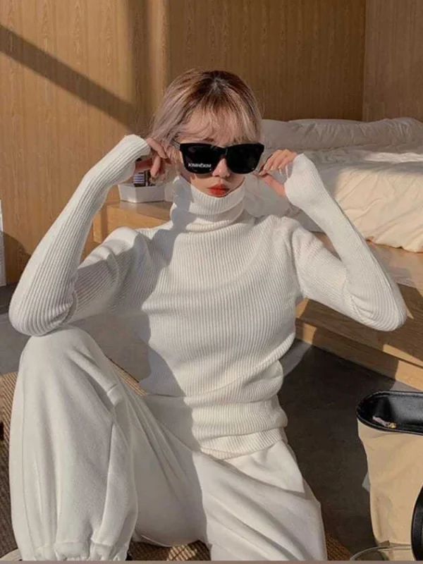 Knitted Sweater Women Korean Version Turtleneck Sweater Winter Solid Color Pullover Slimming Interior Lapping Warm Basic Tops - Image 6