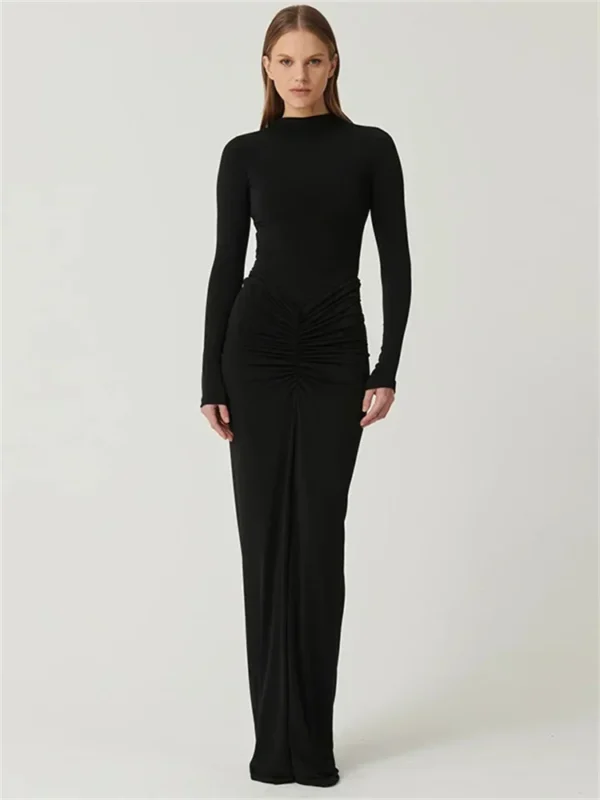 Tossy Pleated Fashion Patchwork Long Dress Women's High Waist Long Sleeve Solid Slim Party Dress Summer 2024 Female Maxi Dress - Image 6