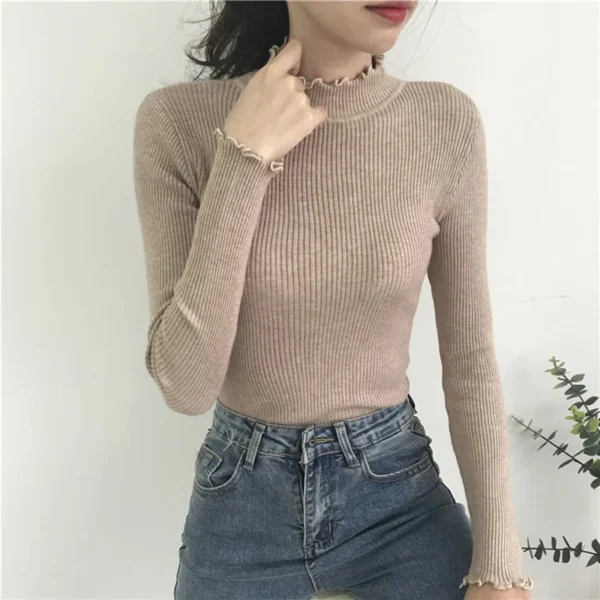 Turtleneck Ruched Women Sweater High Elastic Solid 2024 Fall Winter Fashion Sweater Women Slim Sexy Knitted Pullovers Pink White - Image 3