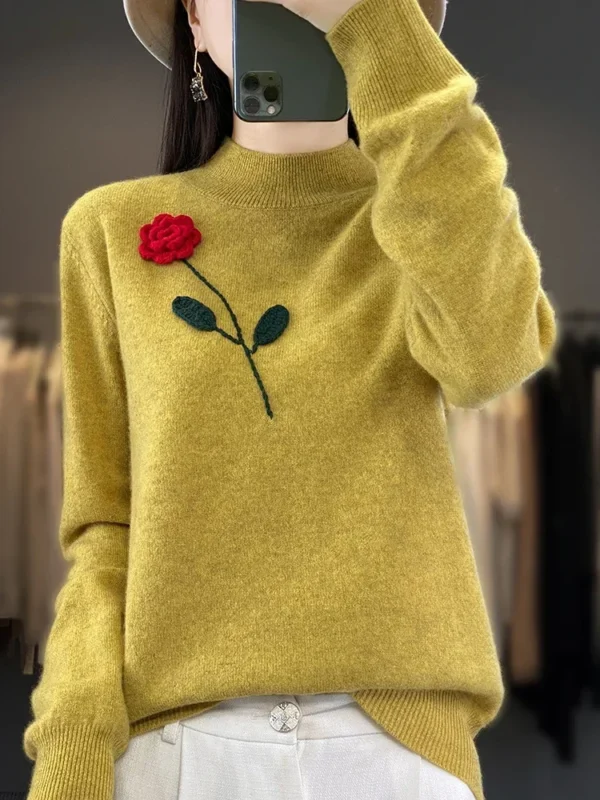 Hand Embroidered Cashmere Sweater Women's High Neck Knit Top Rose Crochet Soft Loose Wool Pullover Winter Keep Warm Sweater 2024 - Image 4