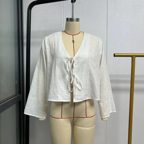 C.NEW S 2024 Spring New Female Street Tops Green Linen Lace Up Long Sleeve For Women Fashion Chic Casual Loose V Neck Shirt - Image 6