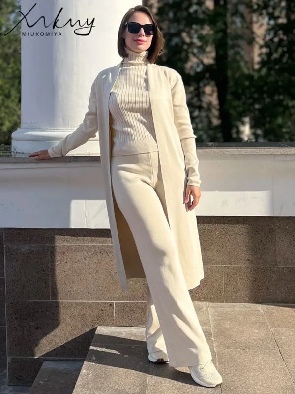 Spring 3 Pieces Set Outfits Women Knitted Suits Pants Sets Khaki Turtleneck Vest Long Cardigans Loose 3 Pieces Suit For Women - Image 2
