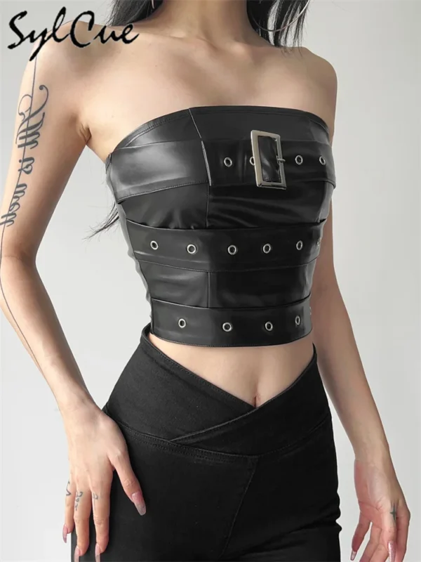 Sylcue Classic Retro Matte Black Mysterious Sexy All-Match Personality Fashionable Summer Travel Cool Women Belt Chest Wrap Vest - Image 4