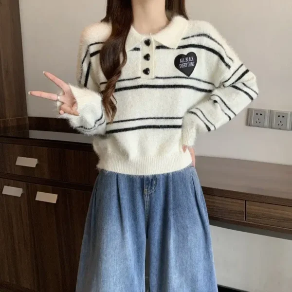 Sweet Cool Academy Love Style Stripe Imitation Mink Fur Knitted Warm Korean Edition Sweater - Image 6