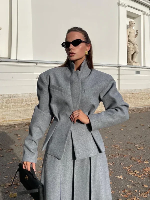 Women Fashion Solid Woolen Skirt Suits Elegant Stand Collar Full Sleeve Coat Loose Pleated Long Skirts Set Fall Chic Lady Outfit - Image 3