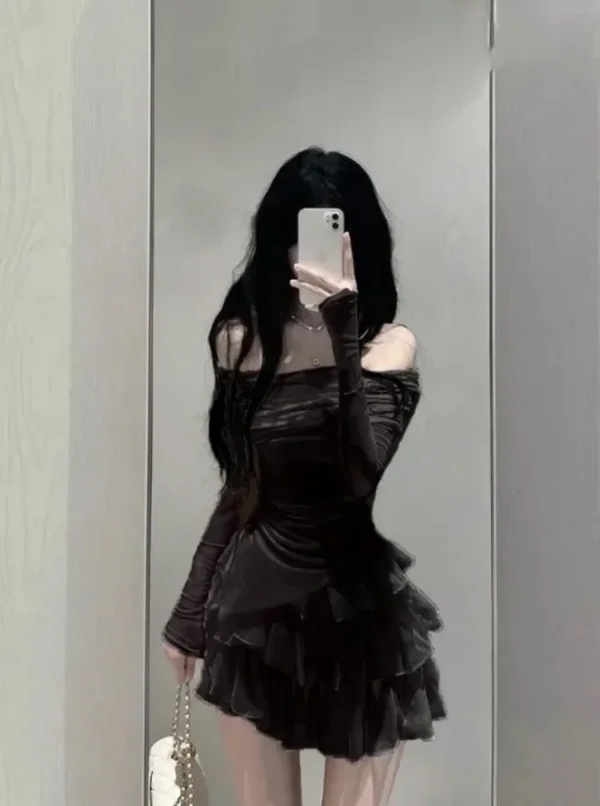 Two Pieces Set Slash Neck Solid Pleated Slim Irregular Women T-shirt + Y2k Aesthetic Fashion Chic Sweet Layered Ball Gown Skirts - Image 4
