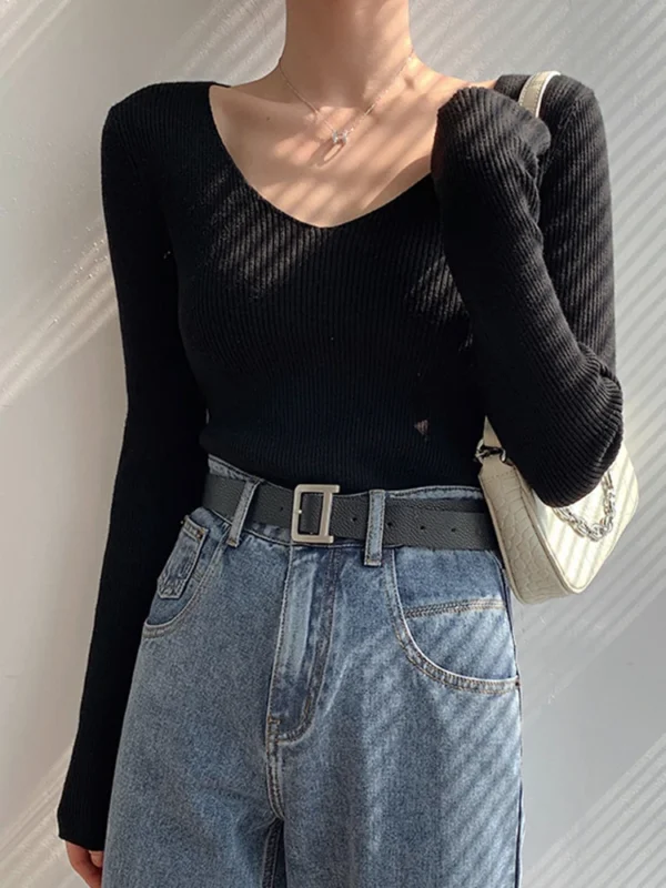 Spring Autumn V Neck Women Sweater Casual Long Sleeve Slim-fit Tops Knitted Pullover Sweaters Femme Basic Solid Pull Clothes - Image 4