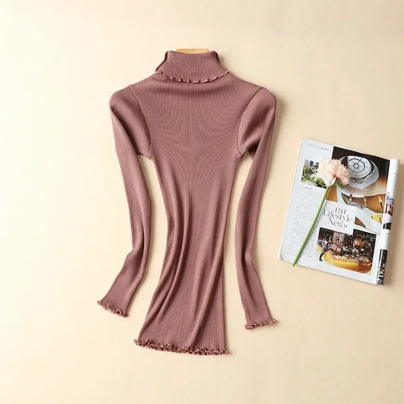 Women's Mulberry Silk Cotton Base Sweater High Elastic Slim Seamless Long-sleeved Knit Top Turtleneck 70% Silk +30% Cotton - Image 3