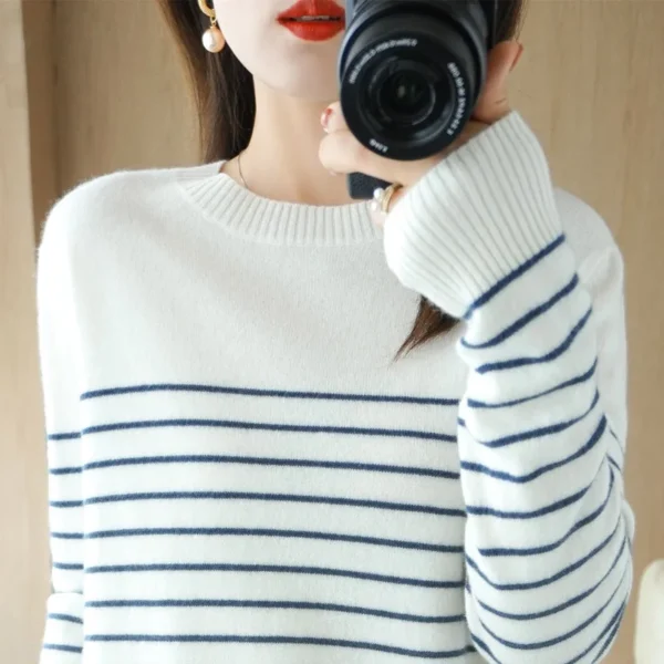 100% Cotton Knitted Sweater Women's Sweater Striped Color Matching Round Neck Large Size Loose Temperament Long Sleeve Bottoming - Image 5