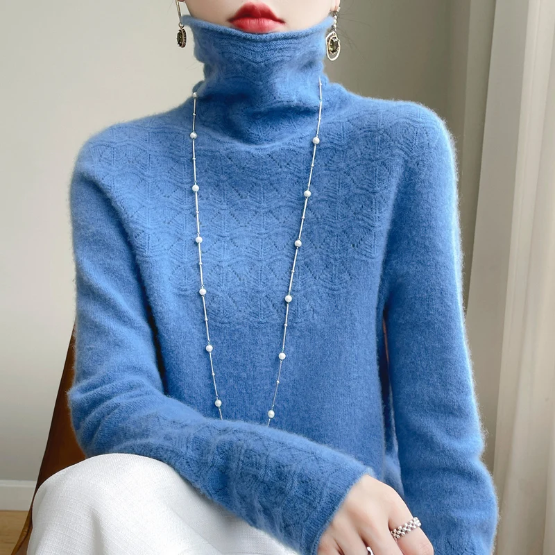 Fashion Cashmere Sweater 100% Merino Wool Pullover Winter High Neck Solid Color Long Sleeved Women's Seamless Hollow Knit Jumper - Image 4
