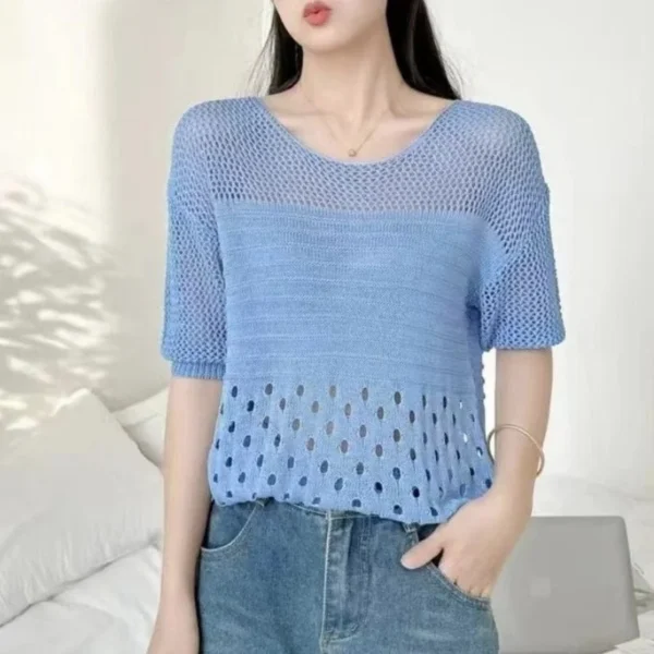 Spring and Summer New Ice Silk Knitted Vest Top Hollow Out Thin Bottoming Sling Streetwear Womens Clothing White Shirt - Image 6