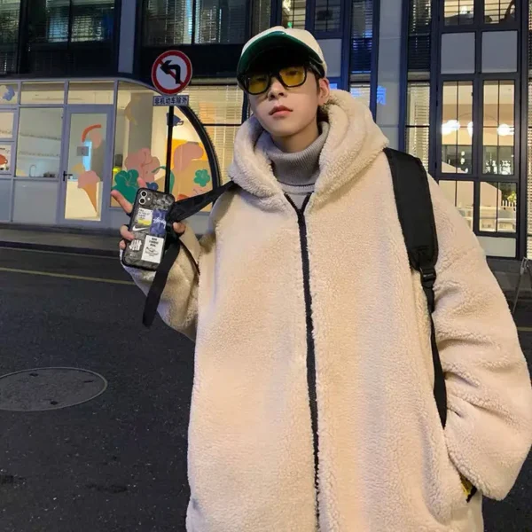 Lamb wool hooded cotton coat for men in autumn and winter, loose and handsome cotton coat, Hong Kong style bear pattern y2k tops - Image 3