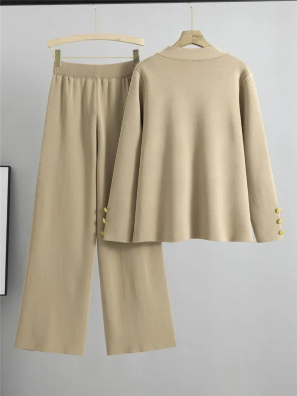 Fall Winter Women's Knit Sweater Sets Large Gold Button V-neck Cardigan Coats Conjunto High Waist Baggy 95cm Wide Leg Pants Suit - Image 3