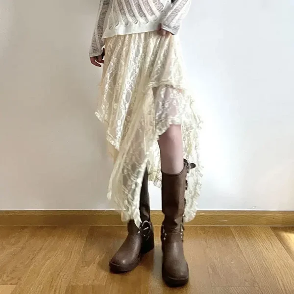 Lace Asymmetrical Skirt Fairycore Women Vintage Y2K Boho Aesthetic Fashion High Waist Mid Skirts Lady Holiday Outfits - Image 3