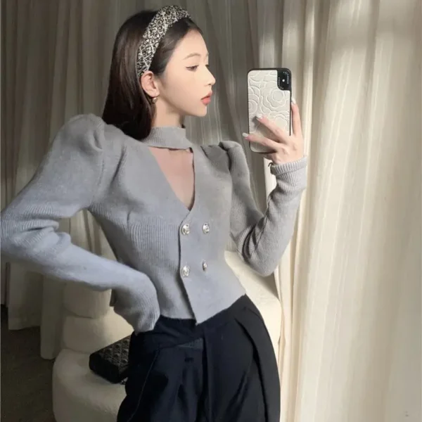 Women Autumn Winter Korean Fashion Button Solid Color V-neck Knitting Women Clothing Fashionable Slim Pullovers Long Sleeve Swea - Image 4