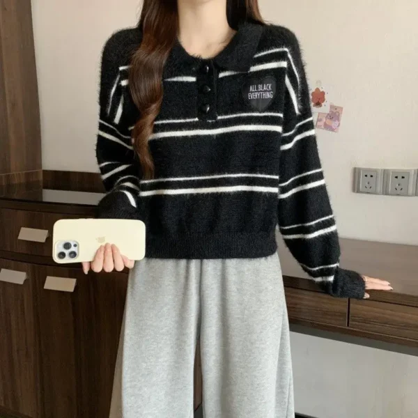 Sweet Cool Academy Love Style Stripe Imitation Mink Fur Knitted Warm Korean Edition Sweater - Image 2