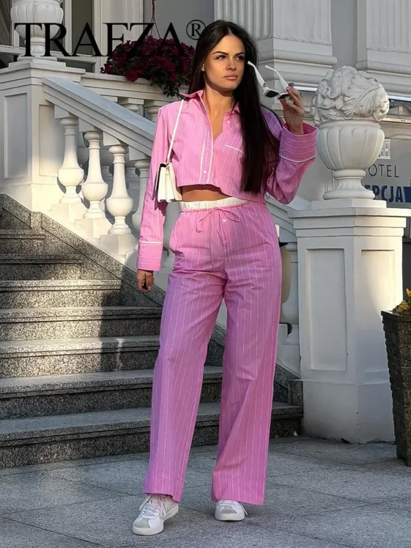 TRAFZA Women Sweet Pink Stripe Blouse Pant Sets Button Long Sleeve Cropped Shirt Patchwork Drawstring Straight Trousers TRAF - Image 3