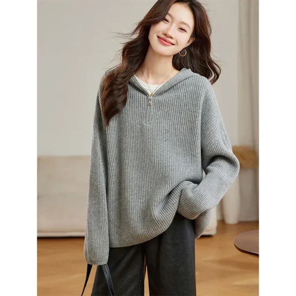 Women's Clothing Casual Loose Zipper Hooded Sweaters Autumn Winter Solid Soft Wool Knitted Pullovers Commute High Quality Tops - Image 2