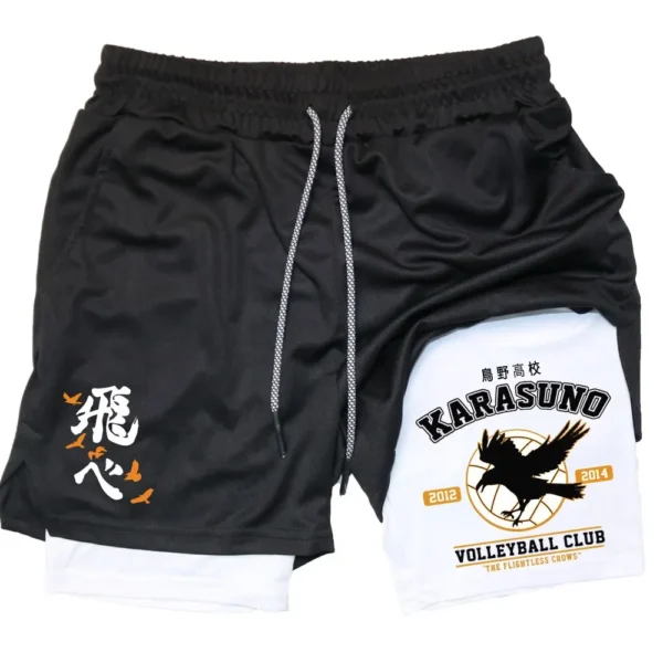Anime Haikyuu 2 in 1 Compreesion Shorts for Men Gym Workout Running Volleyball Athletic Summer Performance Shorts with Pockets