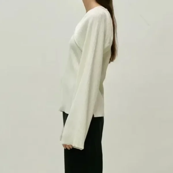 VKC@ Pit Stripe Knitted Shirt for Women's Spring 2025 Casual Metal Buckle Decoration Wide Sleeve Tube Long Sleeve Pullover Top - Image 5